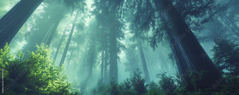 Obraz premium Tall trees reaching towards bright sunlight