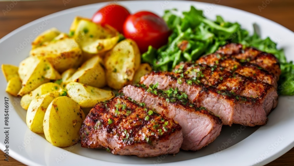 Deliciously grilled steak with seasoned potatoes and fresh greens Deliciously grilled steak with seasoned potatoes and fresh greens