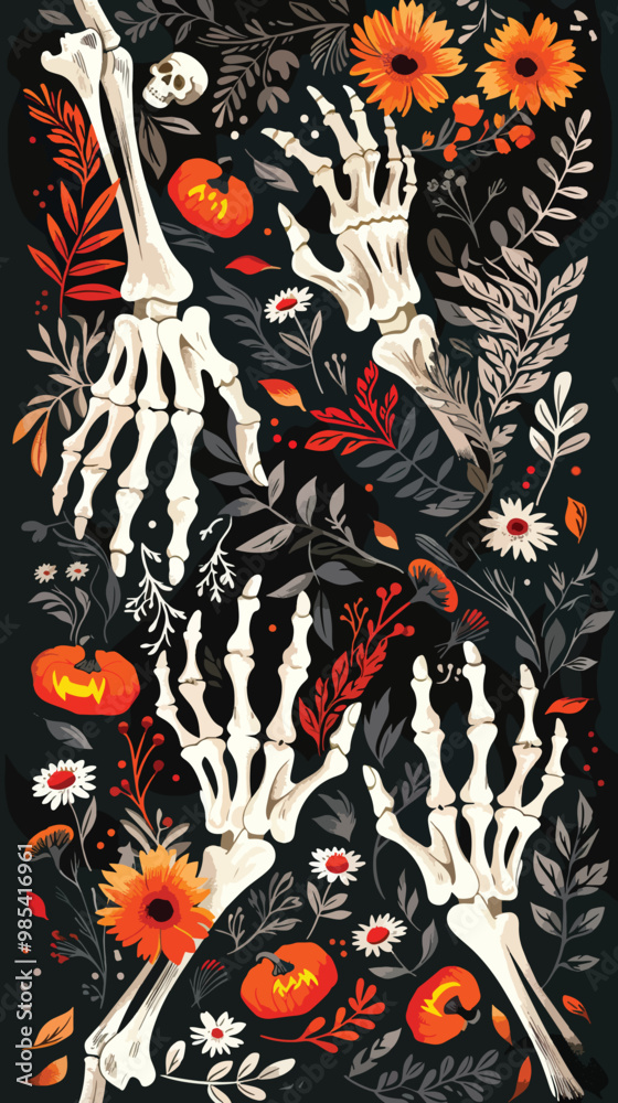 Flat lay Vector Illustration Halloween banner with skeleton hands, Happy Halloween
Flat lay Vector Illustration Halloween banner with skeleton hands, Happy Halloween