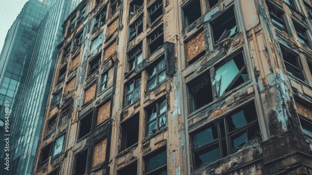 Fototapeta premium Crumbling corporate building with broken signs, Failure, company liquidation