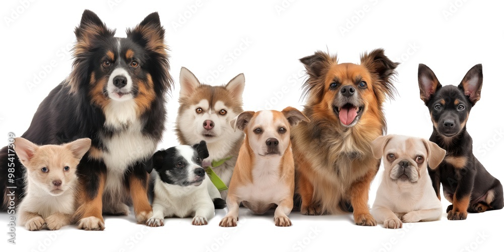 Obraz premium Group of adorable cute pets on white background. Various domestic animals including dogs, cats, hamsters, birds. Different breeds like bulldog, chihuahua, parrot, terrier. Happy, healthy pets.