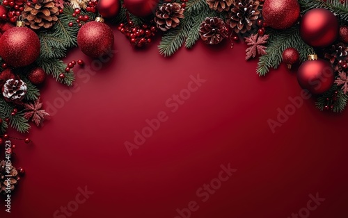 Festive decorations featuring red Christmas ornaments, pine cones, and evergreen branches on a rich, red background, perfect for holiday celebrations.