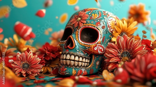 Colorful Sugar Skull with Flowers and Decorations