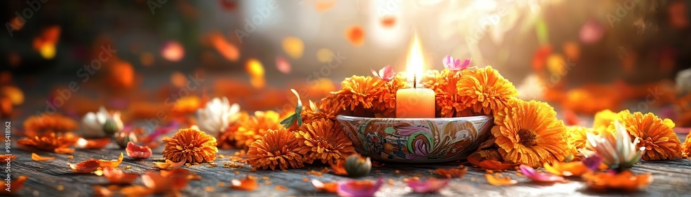 Lit candle surrounded by orange flower petals on wooden surface Lit candle surrounded by orange flower petals on wooden surface