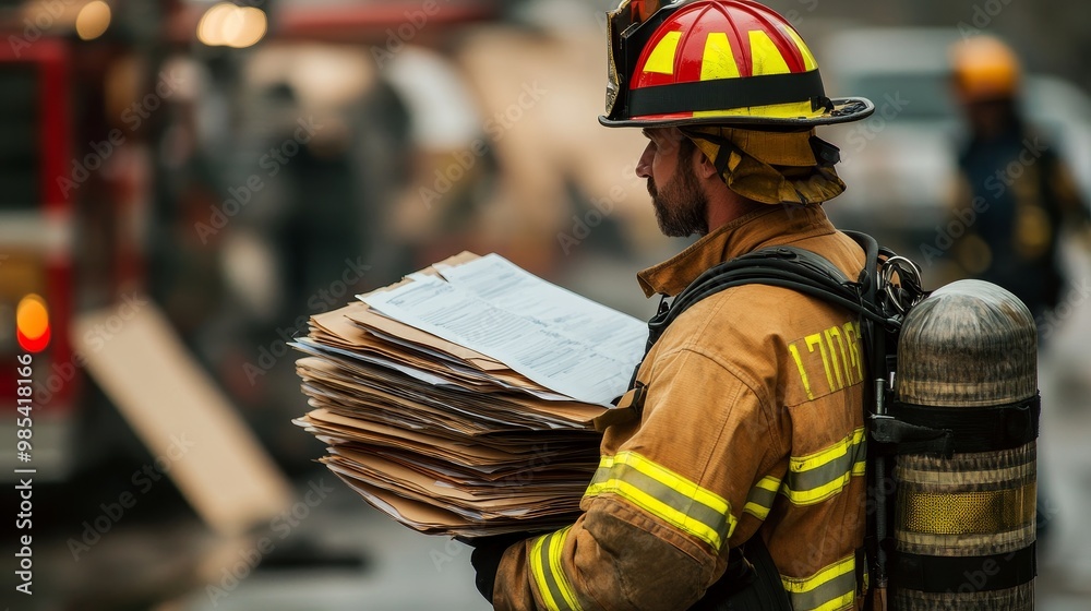 Double Stack Firefighter Firefighter with a stack of reports and overdue equipment maintenance ...