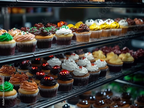 A spooky bakery offering eerie monster cupcakes blood-red velvet cakes photo