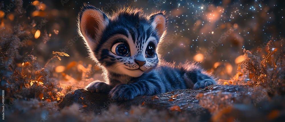Cute cartoon kitten with large blue eyes laying down in the woods. Cute cartoon kitten with large blue eyes laying down in the woods.