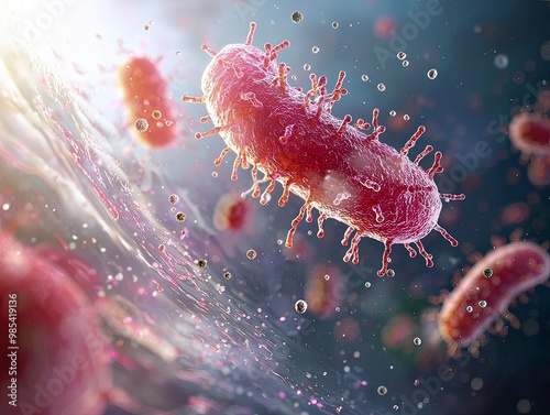 Vibrant Microscopic Bacteria with Visible Cell Walls and Flagella Close Up photo