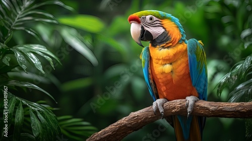 Vibrant Parrot Perched on a Tree Branch in a Tropical Jungle Habitat