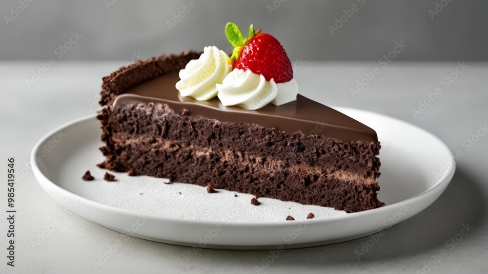 Delicious indulgence A slice of chocolate cake with a fresh strawberry and whipped cream Delicious indulgence A slice of chocolate cake with a fresh strawberry and whipped cream