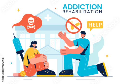 Addiction Rehabilitation Vector Illustration featuring an Inpatient Drug Rehab Center, Treatment Methods, and the Stabilization of Medical Conditions
