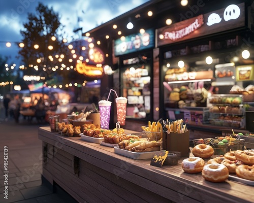 A spooky food court at a Halloween festival offering creepy ghost donuts monster fries