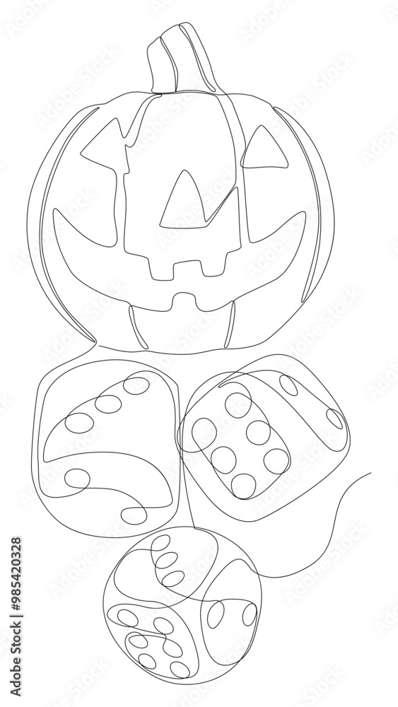 One continuous line of Halloween Jack O' Lantern pumpkin with dice. Thin Line Illustration vector concept. Contour Drawing Creative ideas. One continuous line of Halloween Jack O' Lantern pumpkin with dice. Thin Line Illustration vector concept. Contour Drawing Creative ideas.
