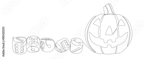 One continuous line of Halloween Jack O' Lantern pumpkin with dice. Thin Line Illustration vector concept. Contour Drawing Creative ideas.