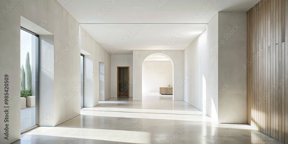 Bright corridor with large windows and natural light in a modern house. Bright corridor with large windows and natural light in a modern house.