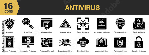 Antivirus solid icon set. Includes web antivirus, warning, security, scan virus, scanning, phone, laptop, and More. Solid icons vector collection.