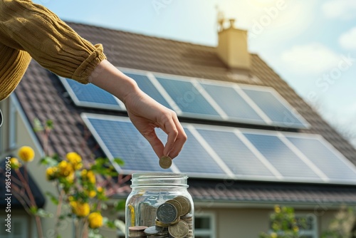 Woman puts coin into jar in front of house with solar panels on roof. Close-up of coin going into jar against solar panel installation. Woman hand holds coin, jar on ground. Solar panels on roof photo