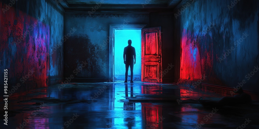 A man stands in the center of an old room, standing next to a door that is slightly open