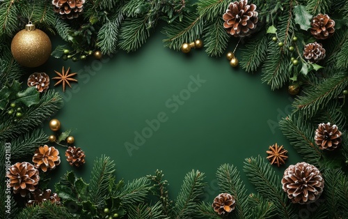 Festive holiday wreath made of pine branches with pine cones, gold ornaments, and stars on a deep green background, perfect for seasonal decorations. photo