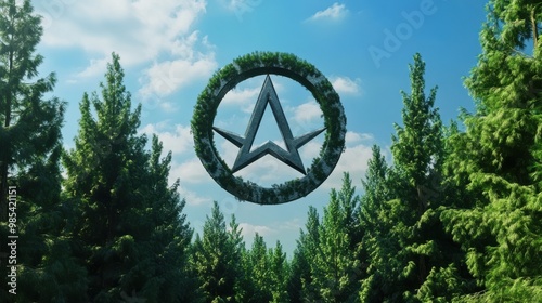 A lush forest with a circular logo made of greenery suspended in the sky, emphasizing nature and sustainability. photo