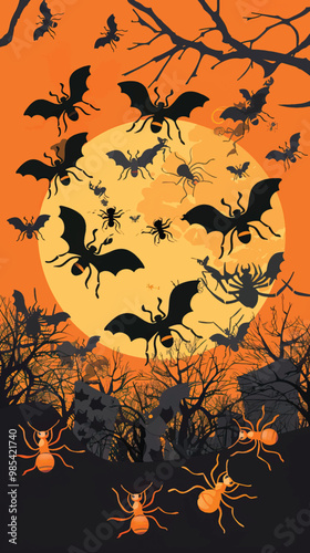  Flat lay Vector Illustration Halloween concept with ants, Happy Halloween