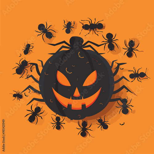 Flat lay Vector Illustration Halloween concept with ants, Happy Halloween