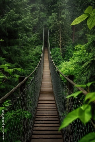 Suspension bridge spans across dense forest in British Columbia Vancouver Island. Lush green trees surround the bridge with misty atmosphere. Moody and dramatic scenery.