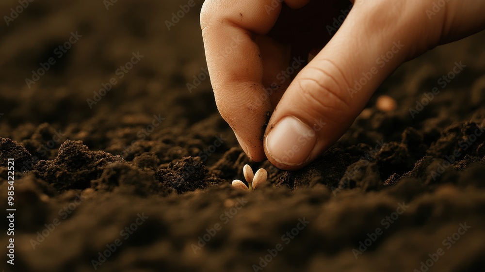 A person plants a seed into dark, rich soil, symbolizing growth and the start of new life. A person plants a seed into dark, rich soil, symbolizing growth and the start of new life.