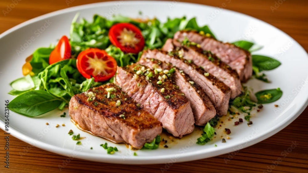 Deliciously grilled steak with a fresh salad on a plate Deliciously grilled steak with a fresh salad on a plate