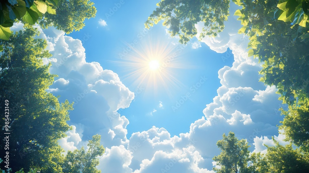 A serene view of a bright sun shining amidst fluffy clouds, framed by lush green foliage, perfect for nature-themed projects. A serene view of a bright sun shining amidst fluffy clouds, framed by lush green foliage, perfect for nature-themed projects.