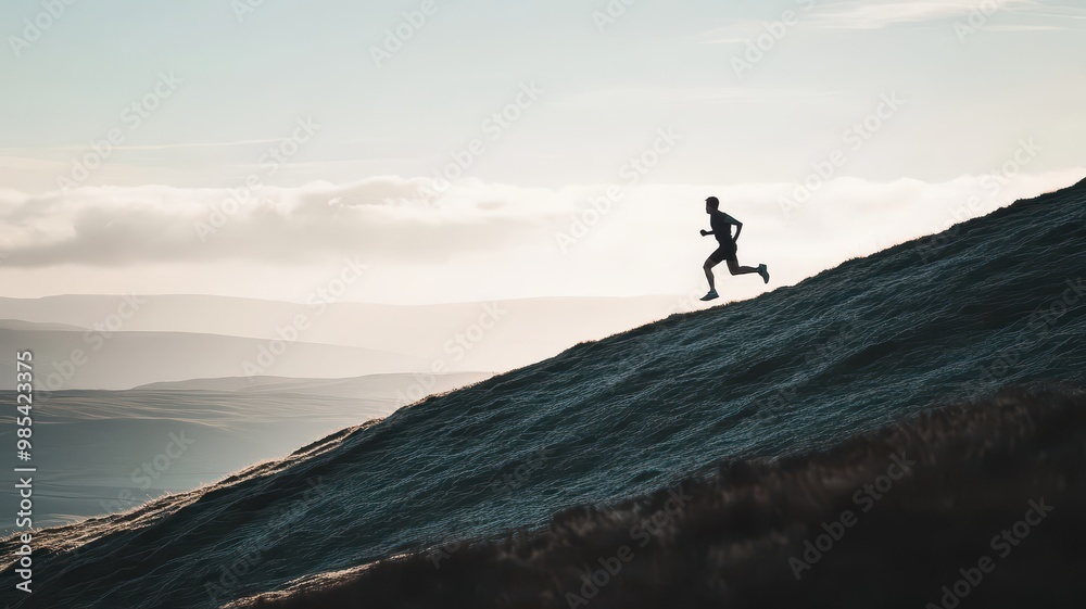 Obraz premium A silhouette of a runner sprinting uphill, set against a backdrop of soft clouds and distant hills during twilight.