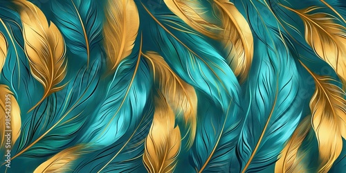 Turquoise, golden feathers pattern texture on abstract background. Beautiful decorative design with natural foliage, agave leaf elements. Summer bright colors, perfect for wallpaper, fashion, home photo