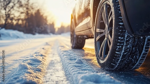 Close-up of winter tires on a car, with a snowy road in the background 