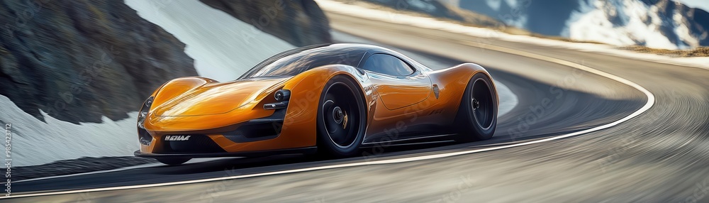 A sleek orange sports car racing along a winding mountain road, showcasing speed and power against a breathtaking backdrop. A sleek orange sports car racing along a winding mountain road, showcasing speed and power against a breathtaking backdrop.