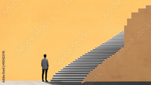 Wallpaper Mural A solitary figure stands before a series of stairs leading upward against a vibrant orange wall, symbolizing ambition and progress. Torontodigital.ca