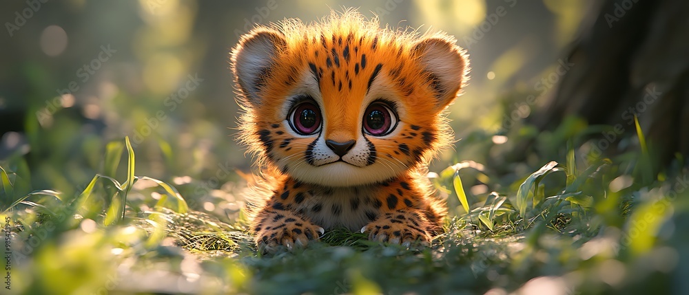 Adorable baby cheetah cub with big eyes in the grass. Adorable baby cheetah cub with big eyes in the grass.