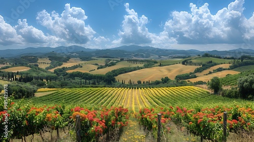 Panoramic view of rolling hills in Tuscany with vineyards and olive groves stretching out under a bright sunny sky photo