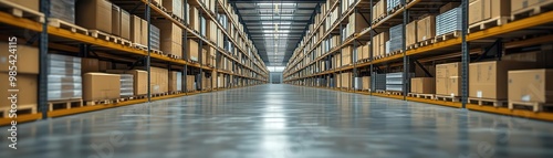 A spacious warehouse interior with neatly arranged shelves and boxes, illustrating efficient storage and organization.