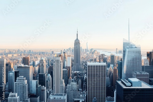 A stunning aerial view of a vibrant city skyline at sunset, highlighting iconic skyscrapers and urban architecture.