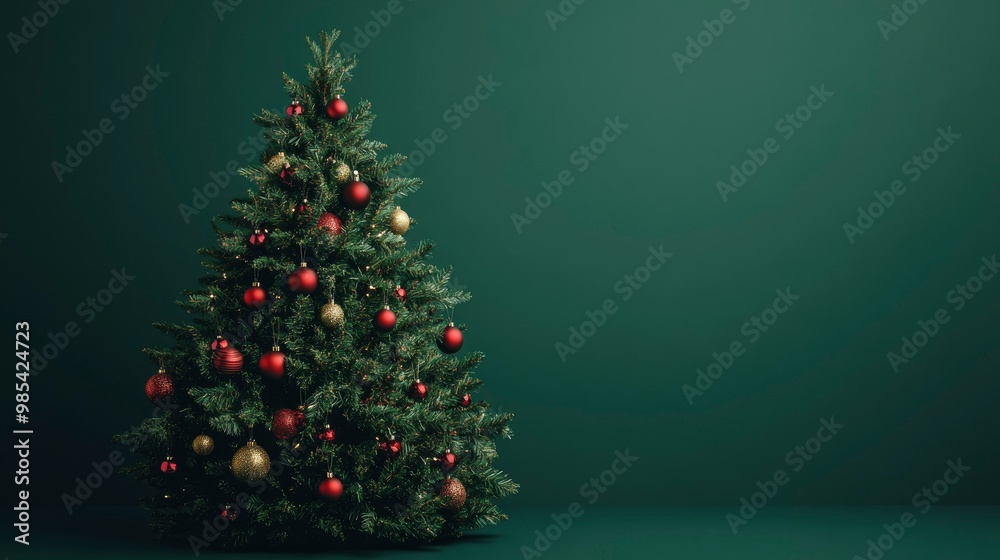luxuary view of A classic evergreen Christmas tree adorned with traditional red and gold ornaments. luxuary view of A classic evergreen Christmas tree adorned with traditional red and gold ornaments.