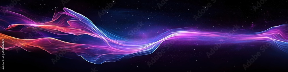 Cosmic energy waves, vibrant neon colors, flowing ribbons of light ...