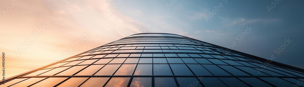 A stunning upward view of a modern skyscraper reflecting the evening sky, showcasing architectural elegance and urban beauty.