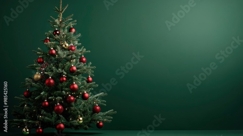 attractive view of A classic evergreen Christmas tree adorned with traditional red and gold ornaments, set against a solid green background.