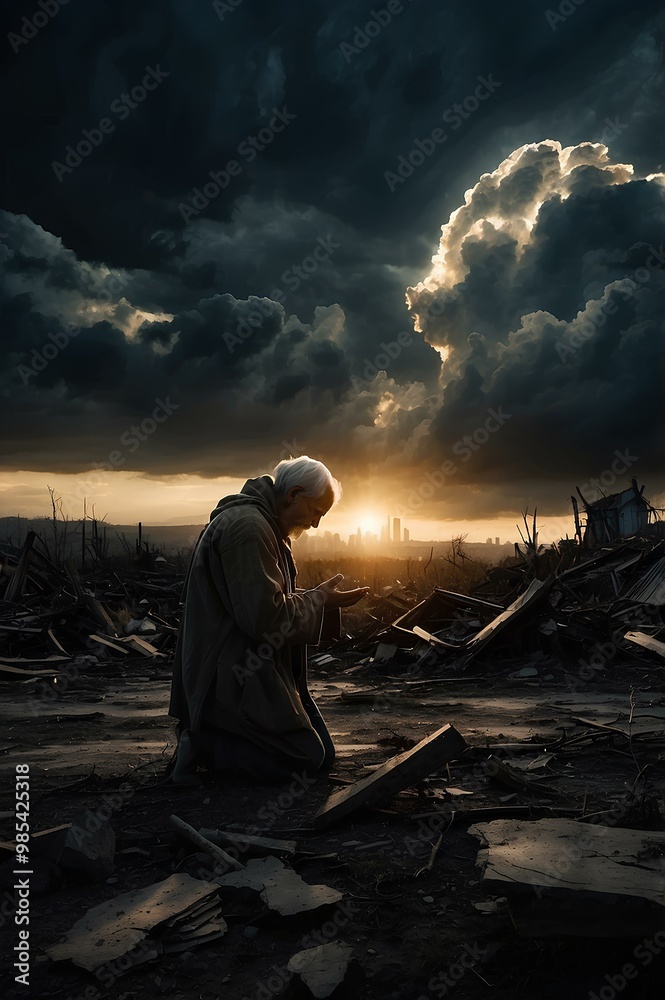 Fototapeta premium Prayer in the Apocalypse: A Fragile Soul Meets Divine Light in a Devastated Landscape