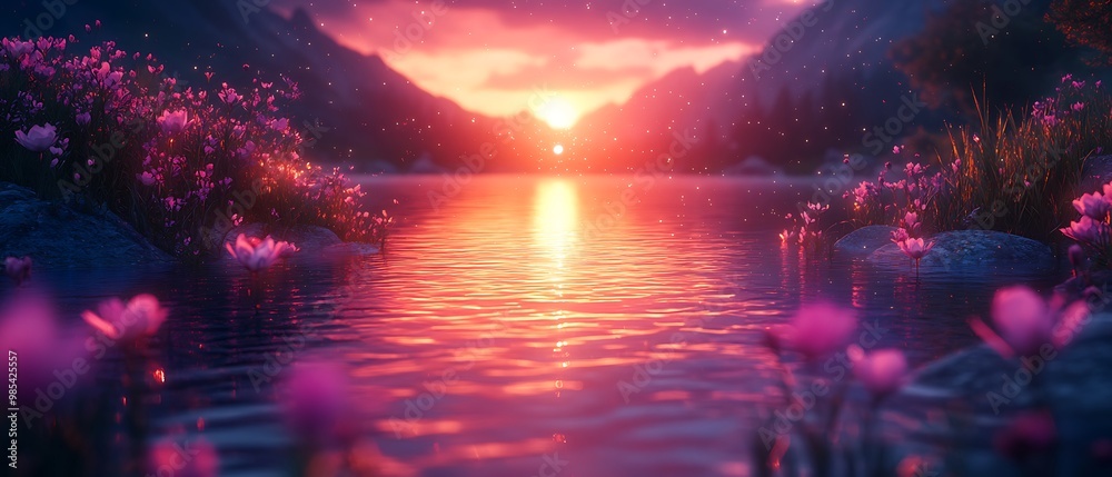 Peaceful sunset reflecting on a calm lake surrounded by mountains and blooming flowers. Peaceful sunset reflecting on a calm lake surrounded by mountains and blooming flowers.