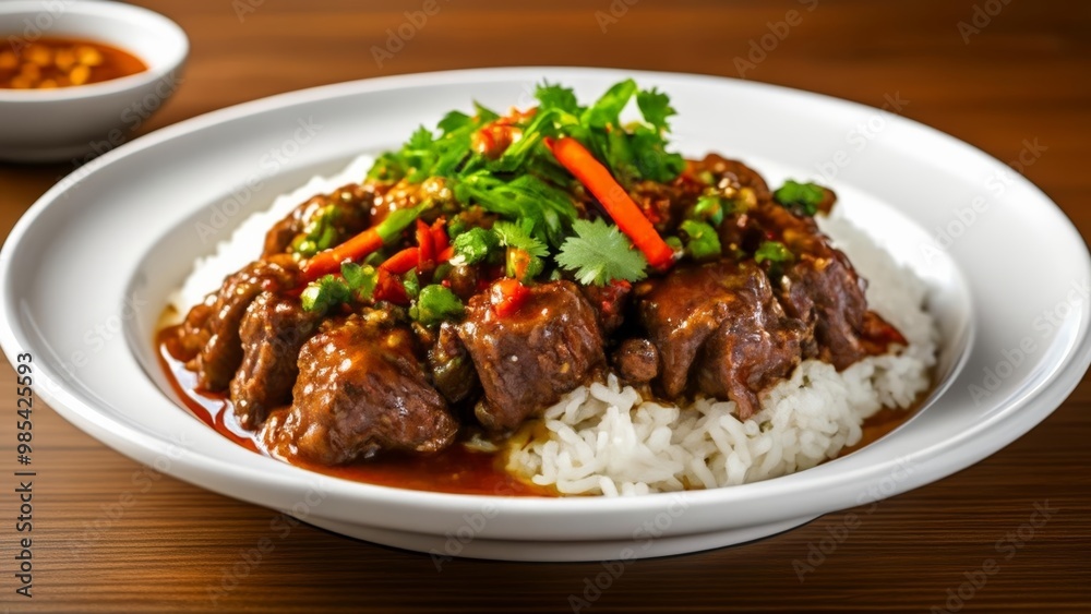 Delicious Asianinspired beef and rice dish ready to be savored Delicious Asianinspired beef and rice dish ready to be savored