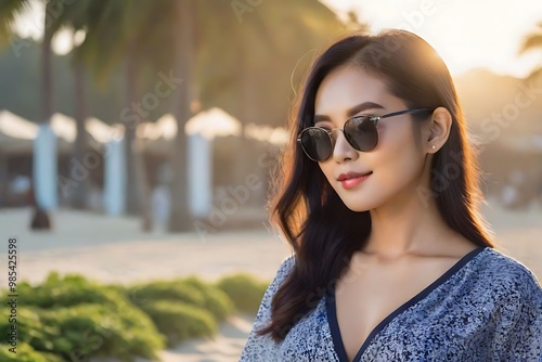 Trendy Asian Woman at Sunrise Beach