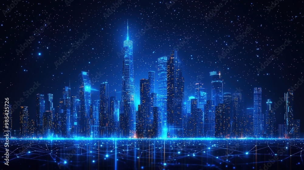 Futuristic Cityscape with Neon Lights and Network Connections Futuristic Cityscape with Neon Lights and Network Connections