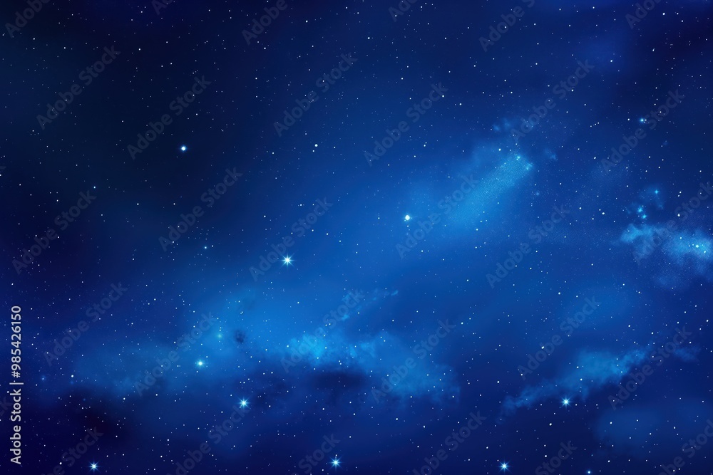 Obraz premium Blue starry night sky with shining stars, sparkles, and glistering lights. Digital illustration of cosmic universe, nature, and astronomy. Galaxy background with starlight, glow, and shine.