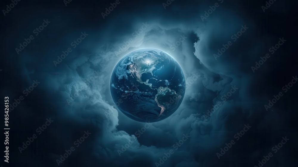 Fototapeta premium Storm clouds swirling around a glowing Earth, visualizing the raw power of nature, dramatic lighting, highresolution environmental concept